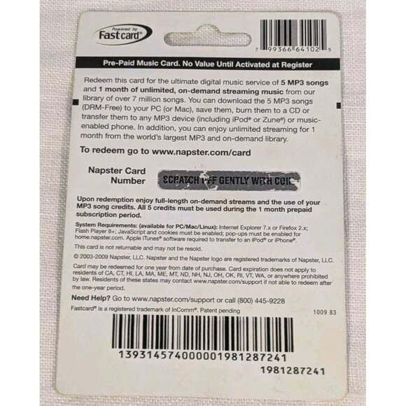 2009 Napster Music Card Download Streaming Best Buy Collectible No Value Green - Picture 2 of 9